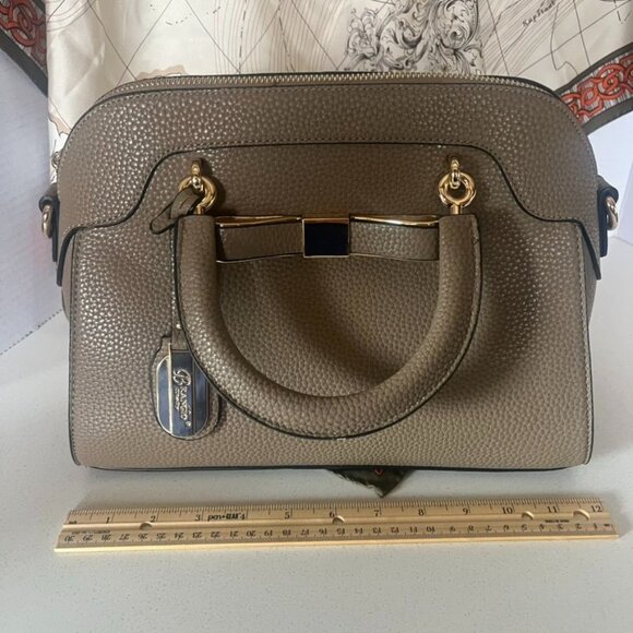 Brangio Textured Leather Handbag w/Bow Taupe Gold Double Handles Zipper NWOT - Picture 7 of 12